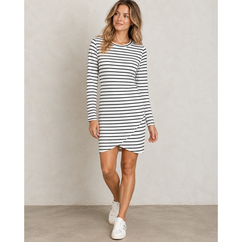 Iris Striped White Black Long Sleeve Tulip Hem Bodycon Dress Womens Size Largr